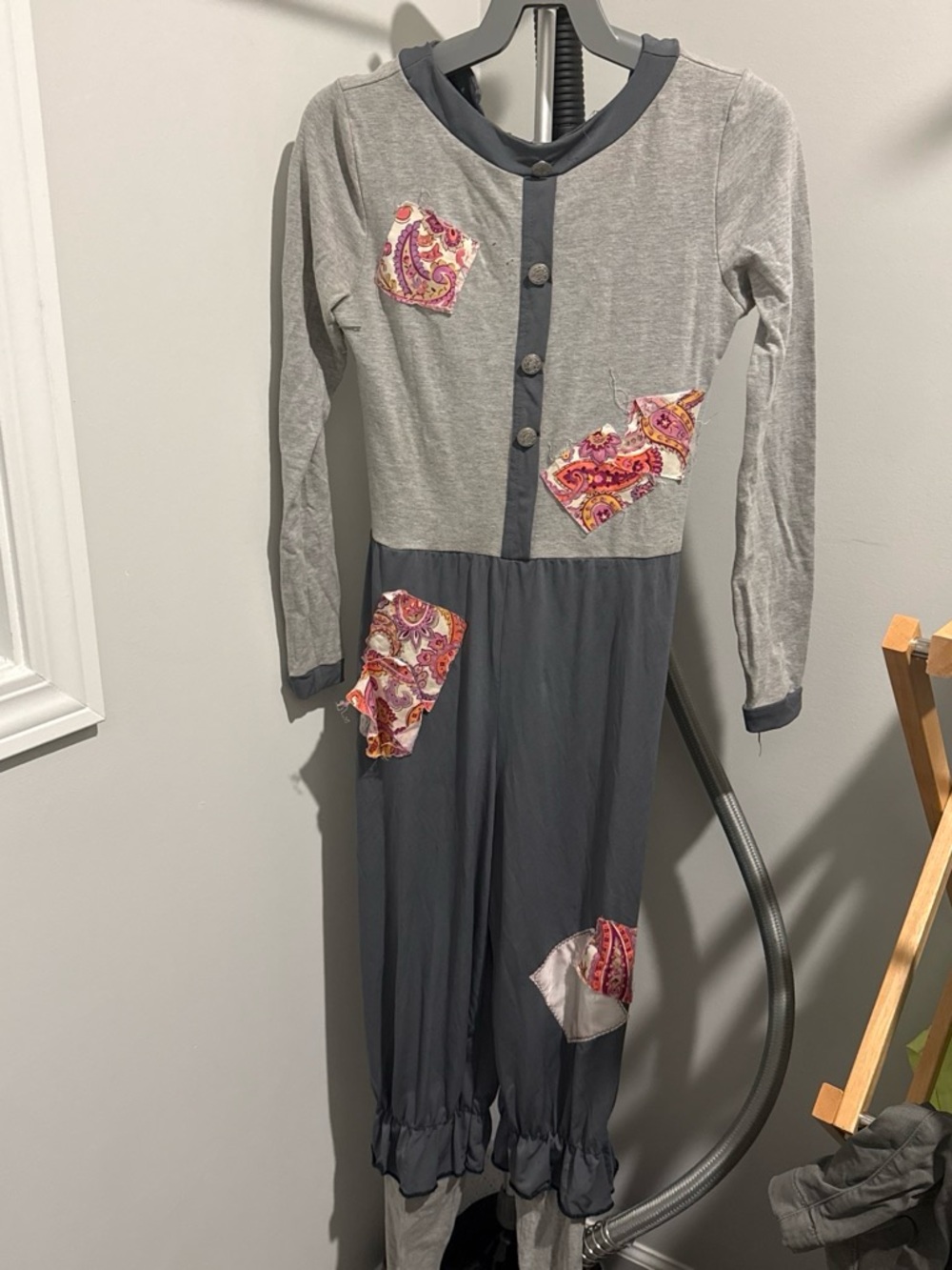 Girls' Gray and Dark Gray Paisley Patchwork One-Piece Pajamas